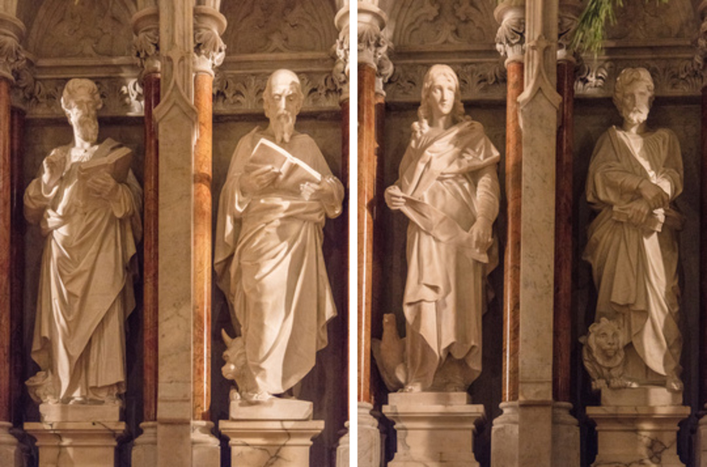 statues of Matthew, Mark, Luke and John at St. Francis Xavier church in Park Slope, Brooklyn