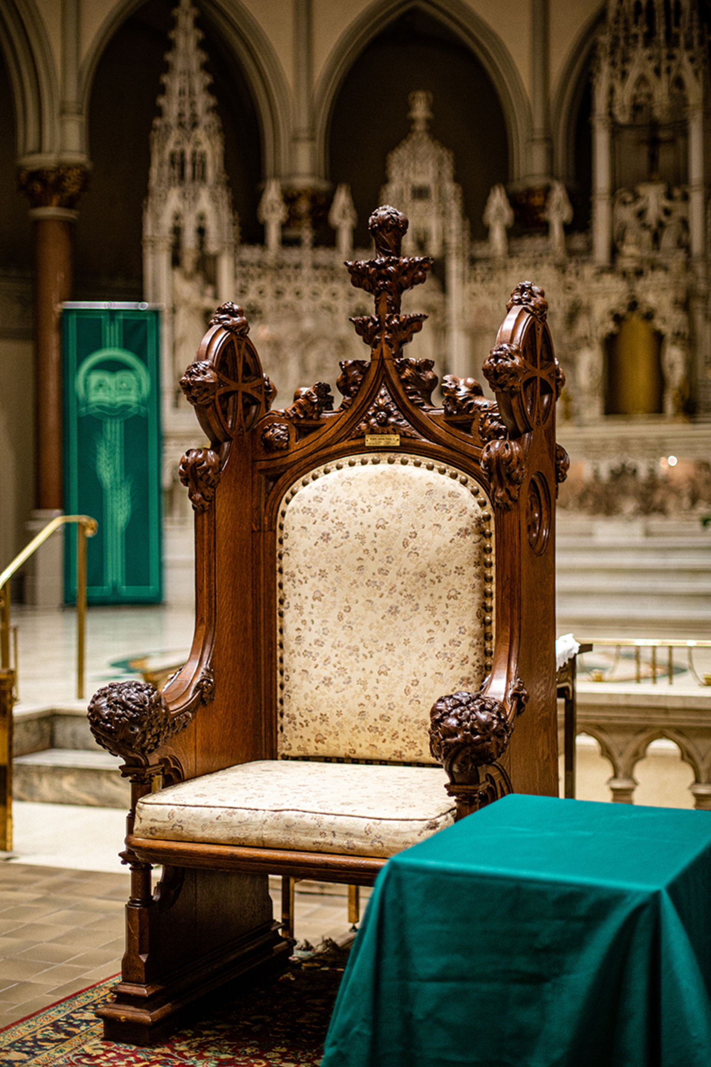 This chair in St. Augustine church was used by Pope John Paul II at Shea Stadium in 1979.
